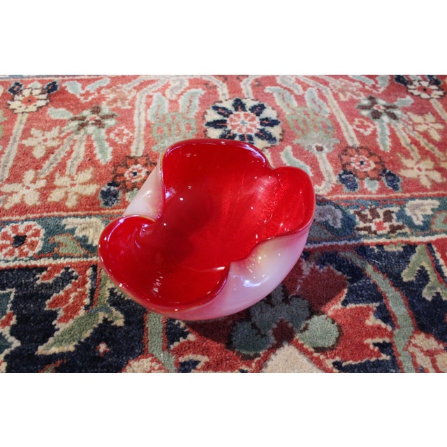 Mid-Century Modern Vintage Murano Attributed Handblown Glass Ashtray - Red, Silver Foil, Lattimo Glass For Sale - Image 3 of 6