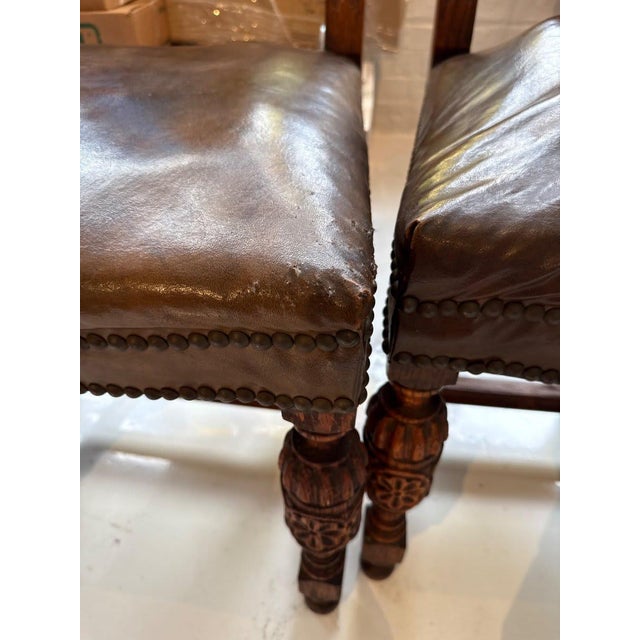 Wood Set of 4 - Antique Gothic Revival Carved Oak Hall Chairs - Leather Seat Nailhead For Sale - Image 7 of 8