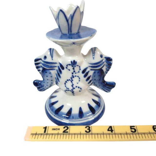 Vintage Russian Gzhel Blue and White Porcelain Double Fish Candlestick For Sale - Image 11 of 12