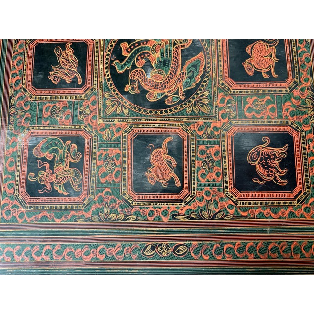 Wood Antique Black Red Burmese Lacquer Zodiac Tray For Sale - Image 7 of 17