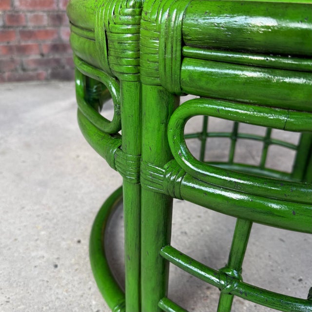 Dorothy Draper Mid-Century Bespoke Green Rattan Smoked Glass Side Table - Newly Painted For Sale - Image 4 of 12