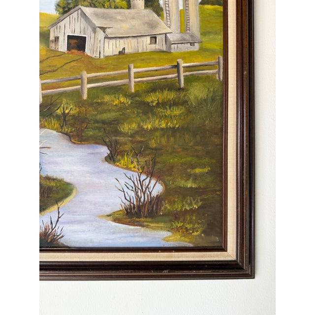 Green 1970’s Vintage Impressionist Farm River Landscape Oil on Canvas Painting, Framed For Sale - Image 8 of 11