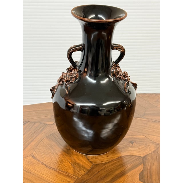 Chinese Antique Replica Chinese Dark Glaze Twin-Handle Floral Pottery Vase For Sale - Image 3 of 12