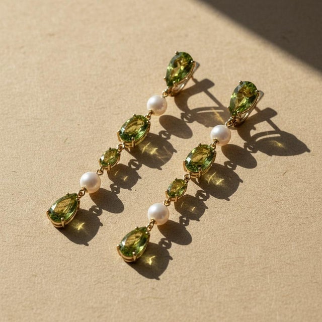 Peridot & Pearl Drop Multi-Shape Earrings, Silver, Gold, Pair For Sale - Image 9 of 9