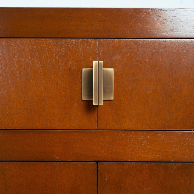 Transitional Cherry Wood Sideboard with Brass Geometric Hardware, 1980s For Sale - Image 3 of 18
