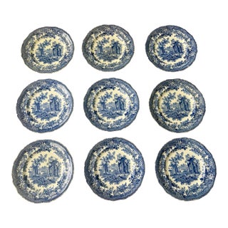 Antique English Blue & White Transferware “Ancient Ruins” Dinner Plates by Ashworth Bros, Set of 9 For Sale