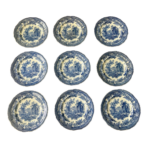 Antique English Blue & White Transferware “Ancient Ruins” Dinner Plates by Ashworth Bros, Set of 9