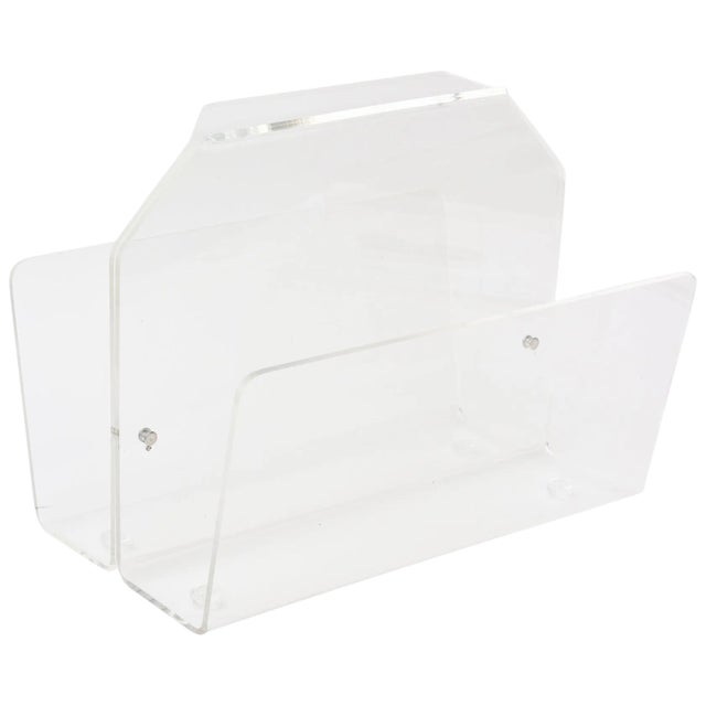 Vintage 1970's Lucite Two Compartment Magazine Holder or Stand With Handle For Sale