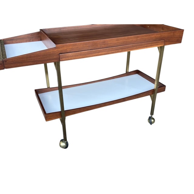 Paul McCobb Style Mid-Century Walnut Bar Cart With Brass Accents For Sale - Image 13 of 14