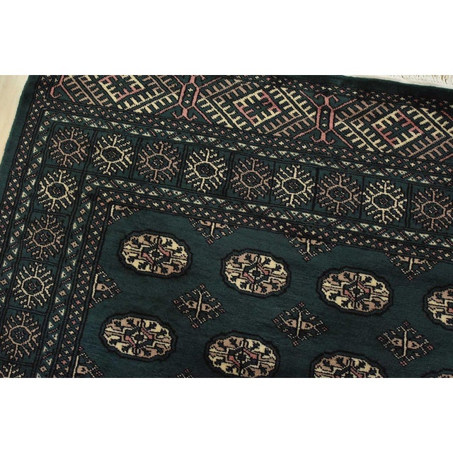 Bokhara Rug 5′ X 8’6” Green Wool Tribal Hand-Knotted Oriental Carpet For Sale In Philadelphia - Image 6 of 13