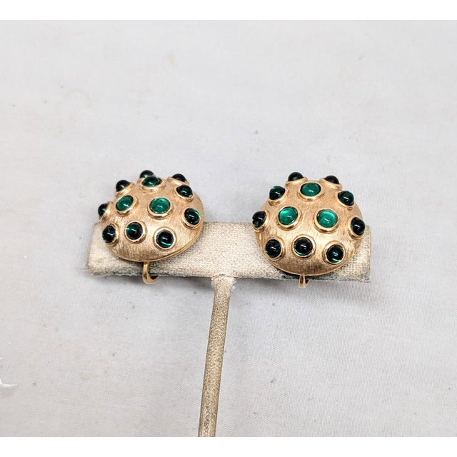 Trifari Vintage 1960s Signed Trifari Round Goldtone Cabochon Faux-Emerald Clip Earrings-2 Pieces For Sale - Image 4 of 8