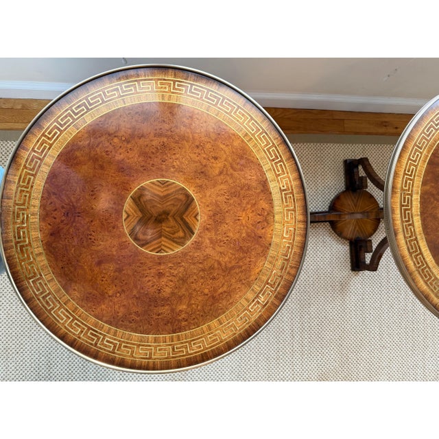 French Greek Key Round Side Tables, Brass, Burlwood, Set of 2 For Sale In New York - Image 6 of 18