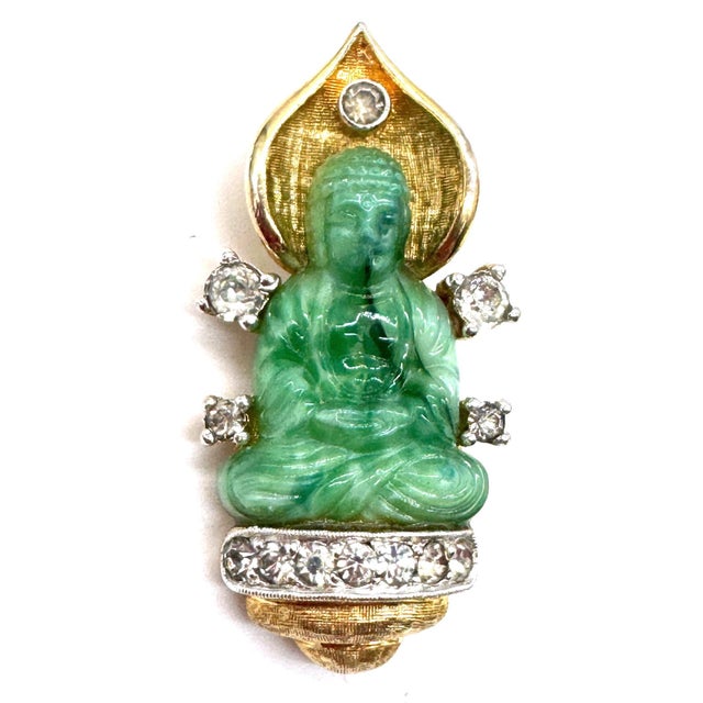 Faux Jade Buddha Pin With Rhinestones, Style of Cartier Travel Jewelry, 1950s For Sale - Image 11 of 18