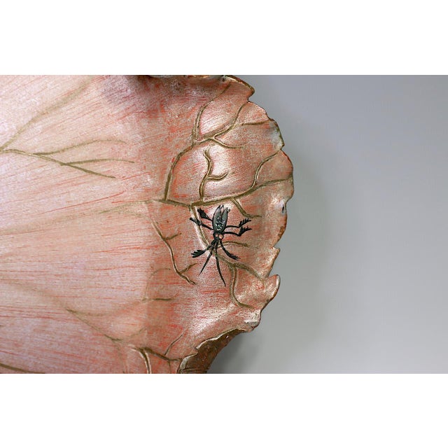 Textile Large Italian 'Golden Age' Polychrome Leaf Form Center Piece, Tray With Dragonflies & Insects For Sale - Image 7 of 10