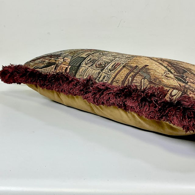 1980s Vintage Rustic European Boho Chic Tapestry Style Fringed Lumbar Decorative Pillow For Sale - Image 12 of 13