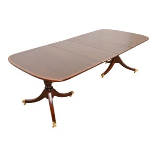 Baker Furniture Style Georgian Banded Mahogany Double Pedestal Extension Dining Table, Newly Refinished For Sale