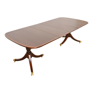 Baker Furniture Style Georgian Banded Mahogany Double Pedestal Extension Dining Table, Newly Refinished