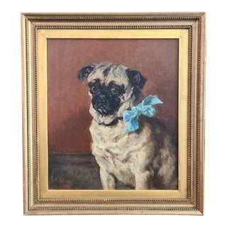 Antique Dog Oil Painting Moody Portrait of a Pug For Sale