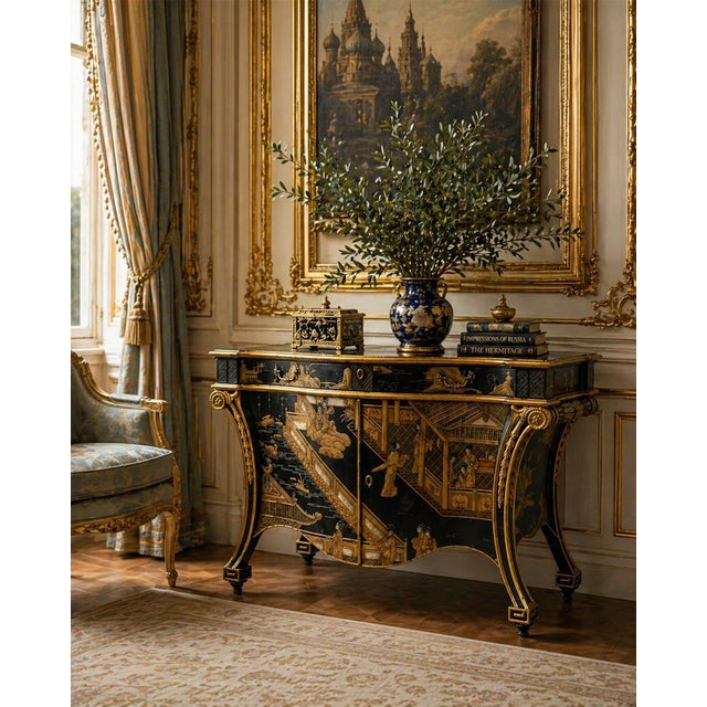 Introducing a superb Chippendale chinoiserie gold and black lacquer commode! Prepare to be captivated by its mesmerizing...