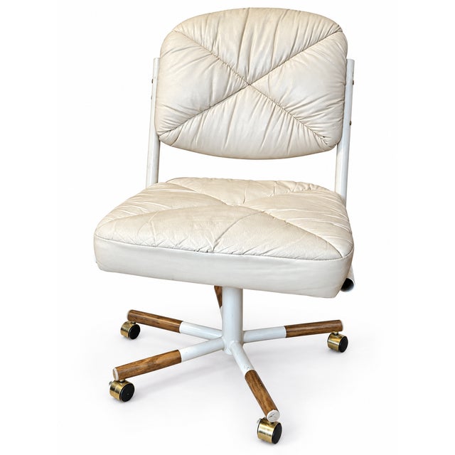 Ivory Vintage Douglas Furniture Ivory Faux-Leather Swivel Chairs on Casters — Pair For Sale - Image 8 of 10