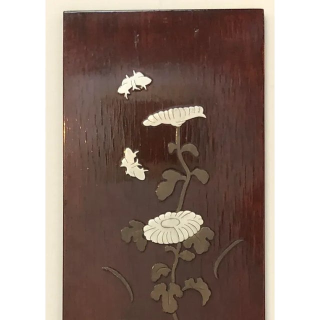Vintage 1940’s Asian Lacquered Red Mahogany Art Panels With Brass and Tin Flowers and Butterflies Inlay - Set of 2 For Sale - Image 4 of 12