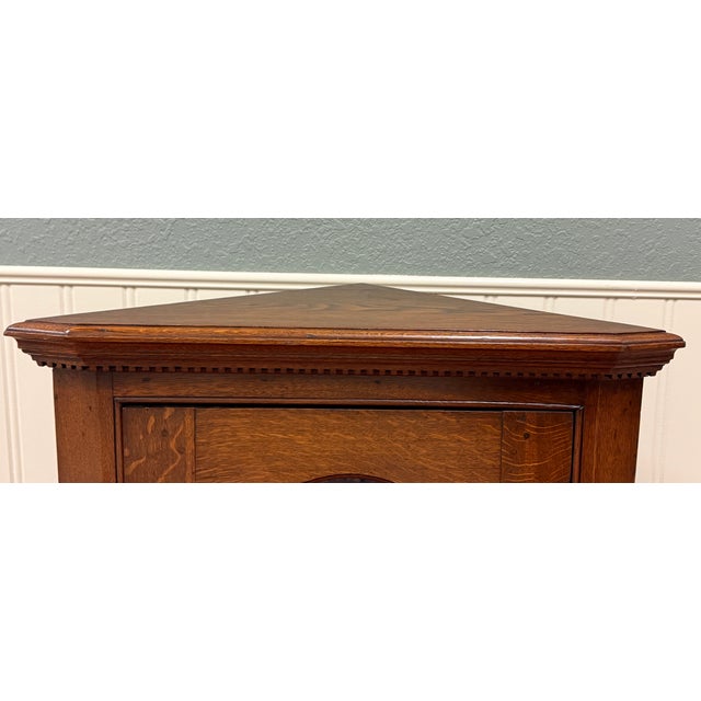 Antique English Corner Cabinet Carved Oak Hanging Wall Cabinet Storage c.1920s For Sale - Image 9 of 18
