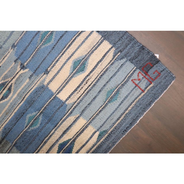 Vintage Zabihi Collection Abstract Blue Swedish Kilim - 4'10" x 6' For Sale - Image 10 of 12
