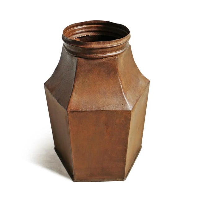 Vintage industrial iron canister with hand waxed finish from India. Classic ink well shape. Opening at top is 6" diameter.