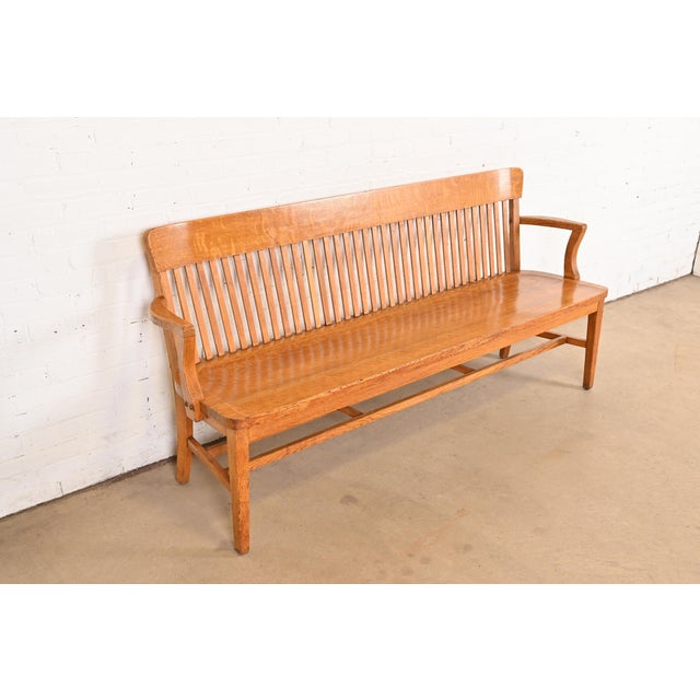 Heywood-Wakefield Antique Arts & Crafts Solid Oak Lawyer's Bench For Sale - Image 4 of 10