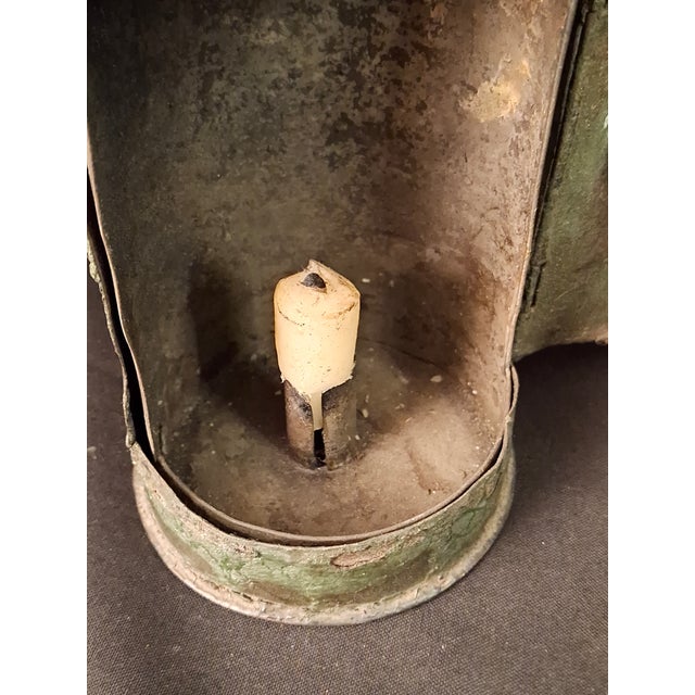 Antique Tin Bullseye Candle Lantern Crimped Top Green Painted Belt Lamp For Sale - Image 16 of 18