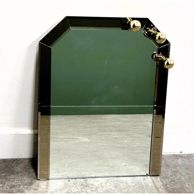 Vintage German Brass & Smoked Mirror with Architectural Faceted Top, 1980s For Sale - Image 5 of 8