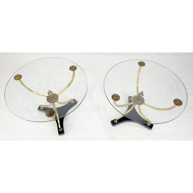 Mid 20th Century Pair of 22" Round Glass Top Brass Bases End Side Center Tables Stands For Sale - Image 5 of 12