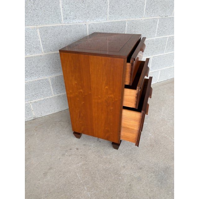 Description: Tomlinson Mid Century Modern Cherry & Walnut 3 Drawer Nightstand. In Good Vintage Furniture Condition....