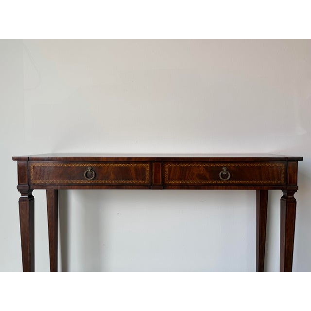 French Empire Style Mahogany Console Table With Herringbone Inlay and Y-Frame Stretcher For Sale - Image 10 of 12