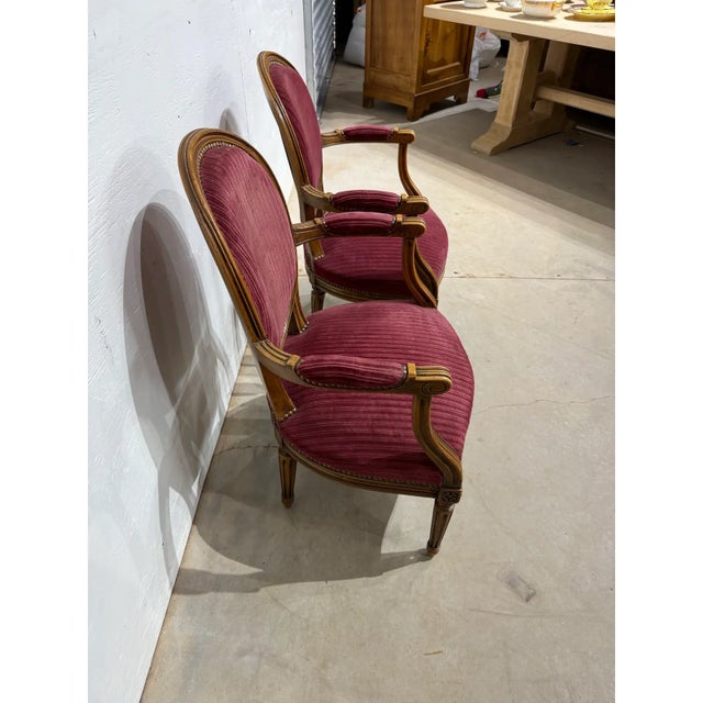 1920s French Louis XVI Vintage Solid Walnut Carved Armchair or Bergere - A Pair For Sale - Image 4 of 11