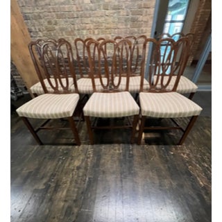 Set of 7 Walnut Dining Chairs With Striped Velvet Upholstery Attributed to Dessin Fournir For Sale