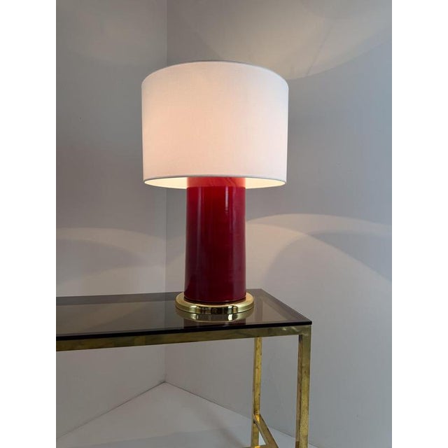 Metal Italian Ruby Red Glazed Ceramic and Brass Twin Table Lamps, 1970s, Set of 2 For Sale - Image 7 of 18