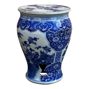 Small Chinese Blue & White Porcelain Flower Birds Round Stool Table