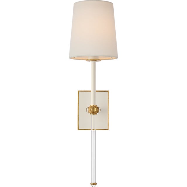 Julie Neill for Visual Comfort Signature Lucia 21" Cordless Sconce in Matte White and Crystal with Linen Shade For Sale - Image 9 of 14