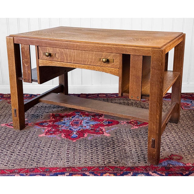 1910s Antique Charles Limbert Arts & Crafts Quartersawn Oak Writing Desk W/ Bookshelf For Sale - Image 5 of 17