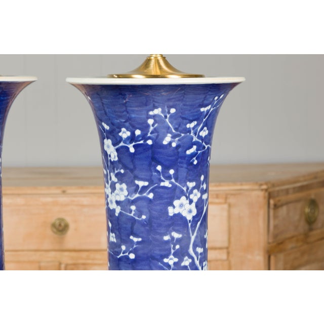 Mid-Century Modern Mid 20th Century Mid Century Modern Porcelain Blue and White Table Lamps with Blooming Trees, a Pair For Sale - Image 3 of 12