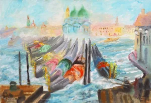 'The Lagoon and Santa Maria Della Salute, Venice', Large Futurist Oil, 1985