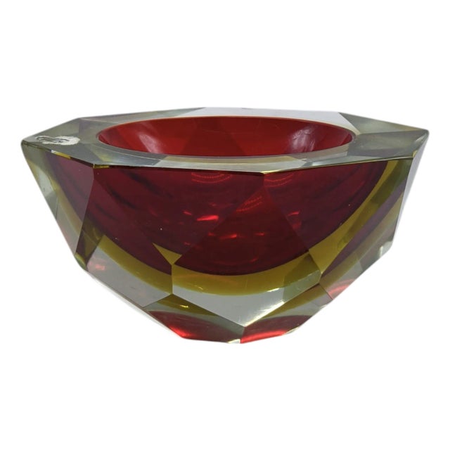 Vintage Italian Red and Yellow Faceted Glass Diamond Bowl by Flavio Poli, 1960s For Sale