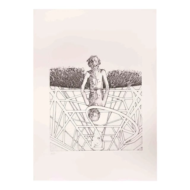 Franco Mulas, Man Gets Wet in the Pond of Ottana, Etching, 1974 For Sale