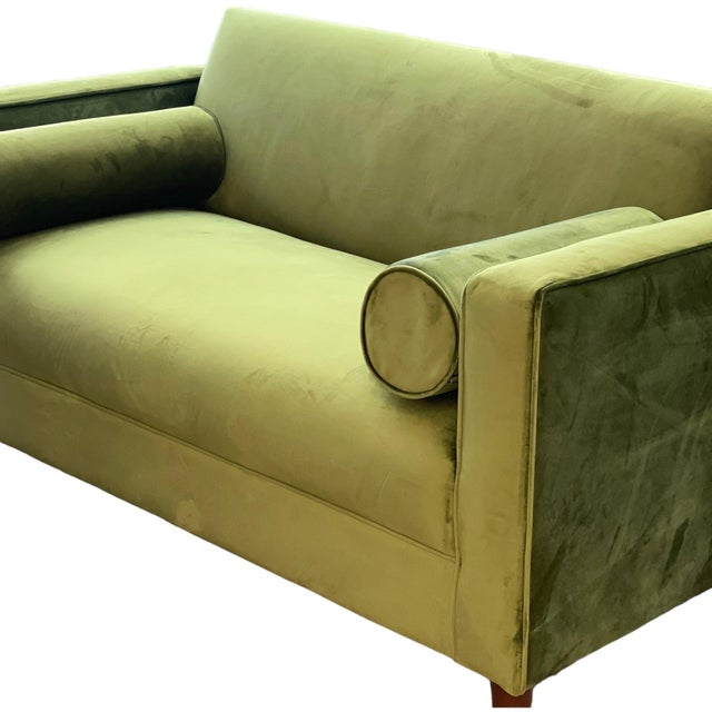 2020s Brand New Loveseat Sofa Avocado Green Velvet Upholstery Solid Wood Frame’ For Sale - Image 5 of 7