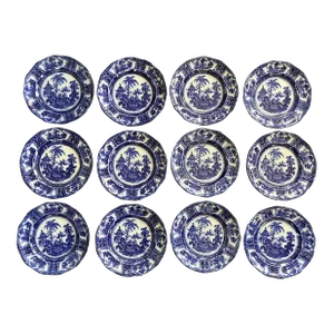 1800s W. Adams Co. England Kyber Flow Blue Dinner Plates - Set of 12