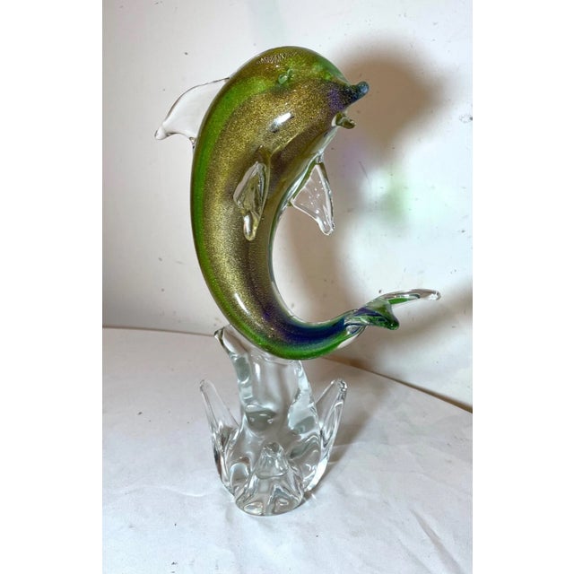 Vintage Hand Blown Murano Italian Art Studio Glass Dolphin Sculpture Statue Gold For Sale - Image 4 of 10