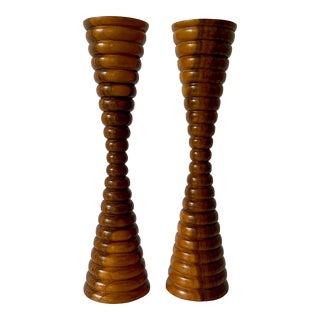 Ribbed Wood Candleholders. A Pair For Sale