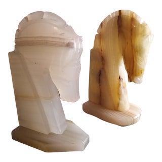 Vintage Solid Onyx Carved Horse Head Bookends- Set of 2 For Sale