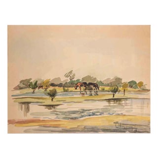 Henry Ottmann, Landscape with Armenians, Watercolor Drawing, 1946 For Sale